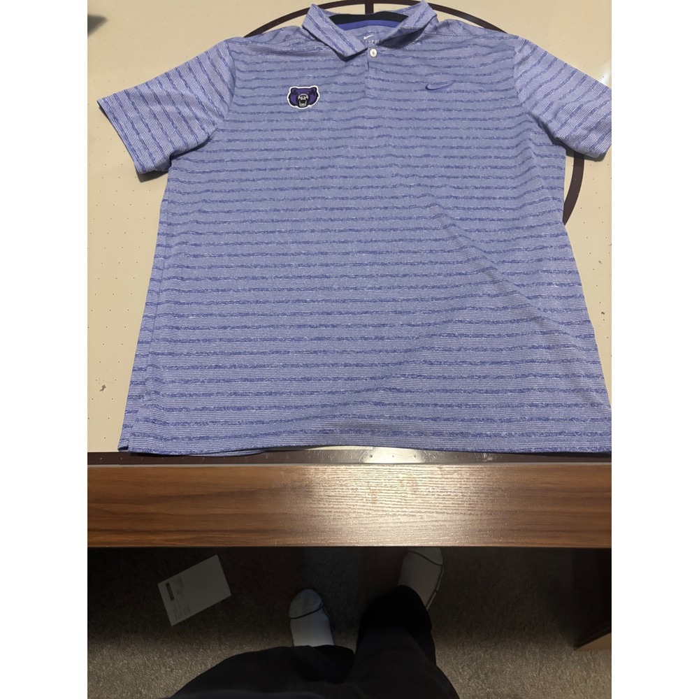 Nike Dri-FIT Mens XL Blue Striped Polo Shirt Purple Bear Mascot Logo Golf Top - Picture 2 of 6